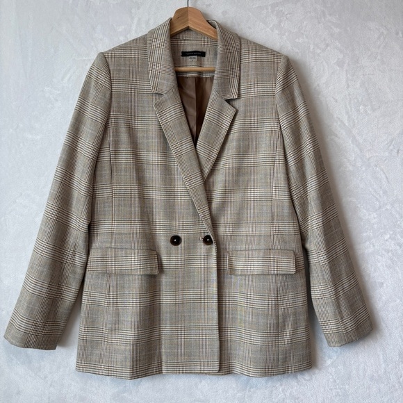 Tommy Hilfiger tan gray Double Breasted Plaid pockets business Blazer size 8 - Picture 1 of 12